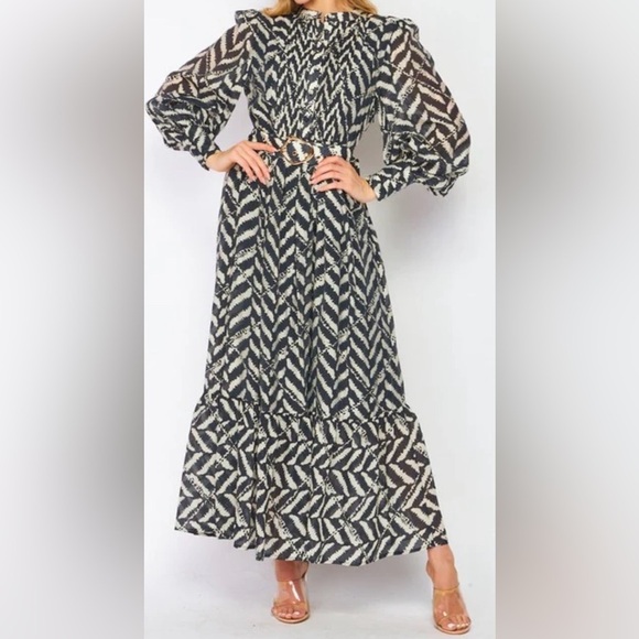 Classic Chevron print Long sleeve maxi dress black size L ￼ - Picture 1 of 9